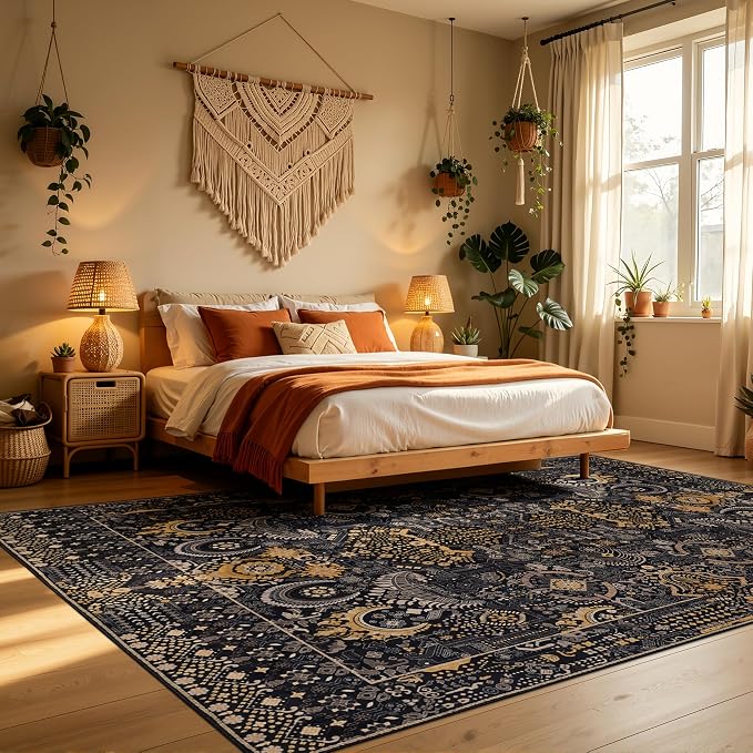 Ruaruarug Area Rug 8'×10', Non Slip Machine Washable Ultra Soft Stain & Fade Resistant, Pet & Kids Friendly, for Living Room/Bedroom/Kitchen/Classroom, Black and Gold