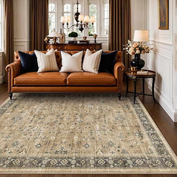 Traditional Washable 6x8 Area Rug for Living Room, Vintage Boho Dining Room Rugs for Under Table, Lightweight Foldable Low Pile Soft Carpet, Earthy Taupe & Sage Floral Design