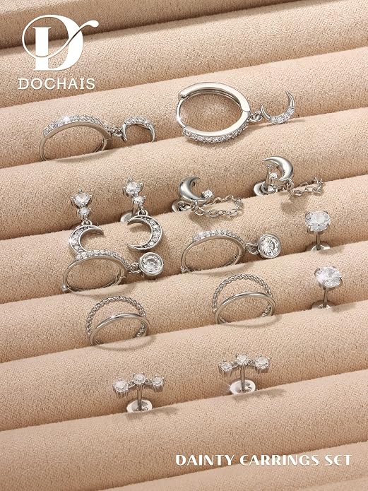 Dochais Flat Back Cartilage Earrings for Women Trendy Dainty CZ Flatback Studs Earing Sets 14k Gold Plated Hypoallergenic Huggie Hoops Earring Stacks for Multiple Piercing