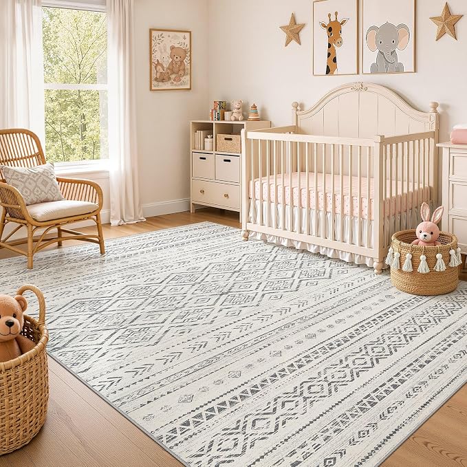 Nakagishi Area Rug Living Room Rugs: 7x9 Large Soft Machine Washable Boho Moroccan FarmNeutral Stain Resistant Indoor Floor Carpet for Bedroom Under Dining Table Home Office Decor-Grey