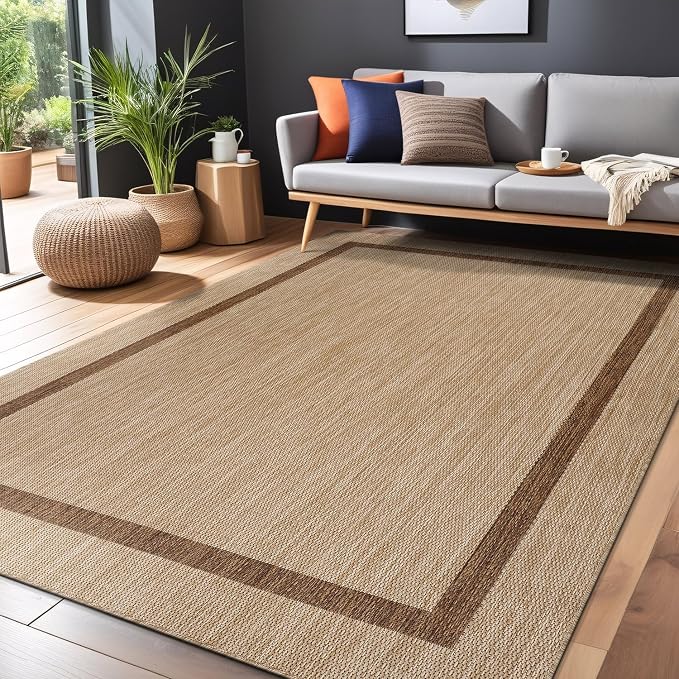 Luul Home Bordered Outdoor Rug 8x10 Washable Outside Carpet for Indoor Patio Porch Waterproof Easy Cleaning Non Shedding Area Rugs Jute Beige - Nut Brown 8 x 10