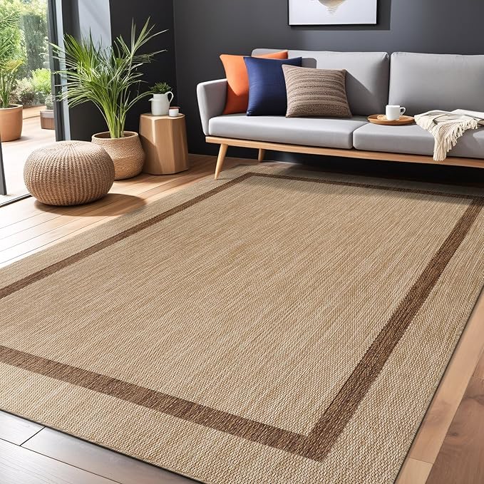Luul Home Bordered Outdoor Rug 9x12 Washable Outside Carpet for Indoor Patio Porch Waterproof Easy Cleaning Non Shedding Area Rugs Jute Beige - Nut Brown 9 x 12