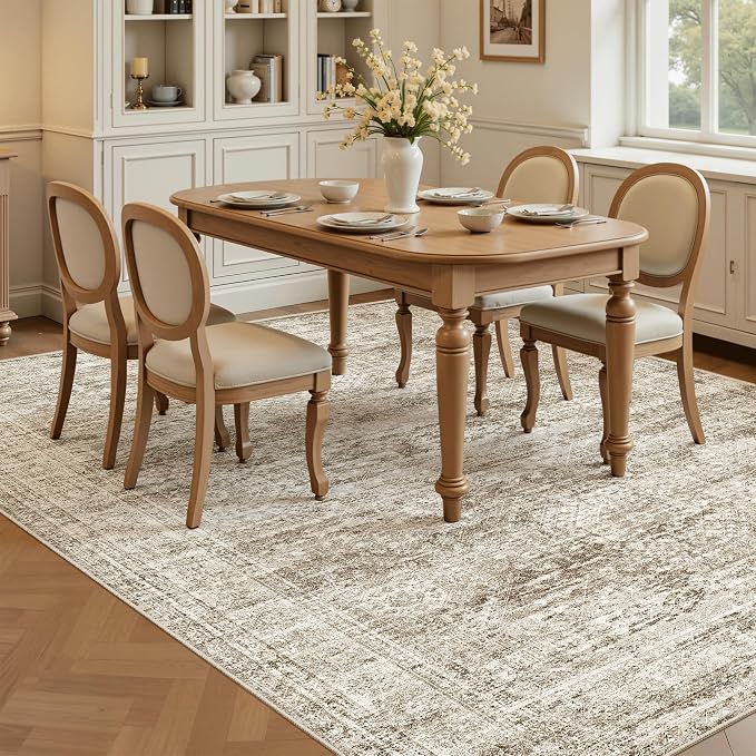 Soalmost 7x9 Area Rug for Living Room Washable Abstract Vintage Soft Thin Indoor Floor Non-Slip Carpet for Bedroom Dining Room Brown