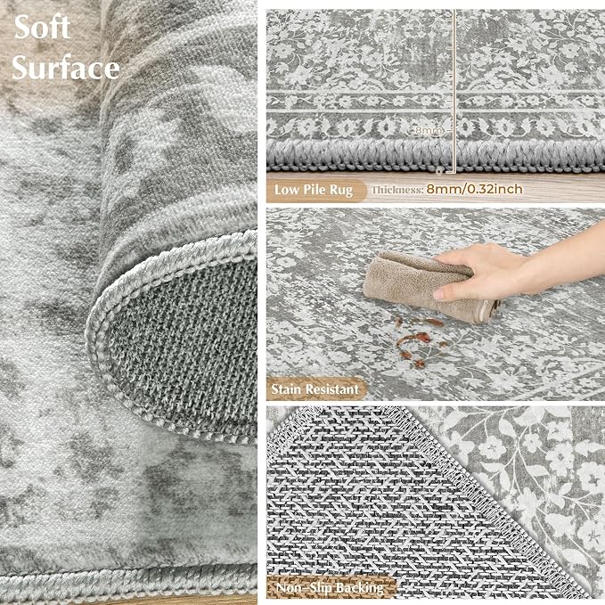 Vintage Living Room Area Rug - 9x12 Large Machine Washable Boho Area Rug Distressed Floral Rugs for Bedroom, Soft Non-Slip Indoor Floor Accent Rugs for Office Dining Room (Floral Grey, 9'x12')