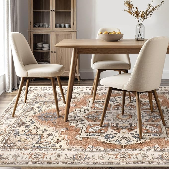 9x12 Washable Area Rug: Vintage Neutral Soft Non Slip Thin Large Floor Carpet for Living Room Bedroom Kitchen Dining Room Home Office Farmhouse Indoor - Brick Red