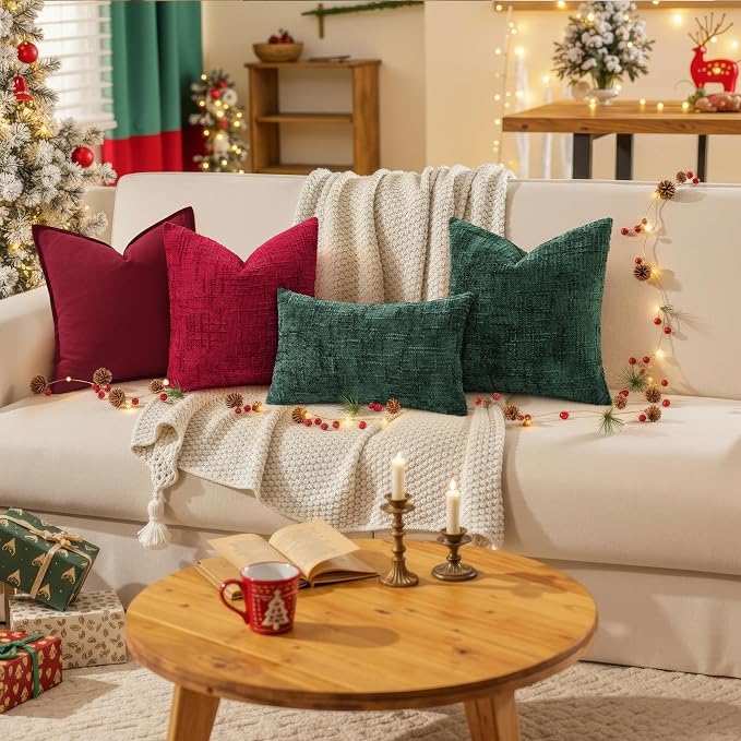 decorUhome Fall Burgundy Linen Throw Pillow Covers 18x18 Set of 2 | Decorative Soft Cozy Modern Farmhouse Boho Accent Pillow Cases with Flange Edges for Couch Bed Sofa Living Room Home Decor