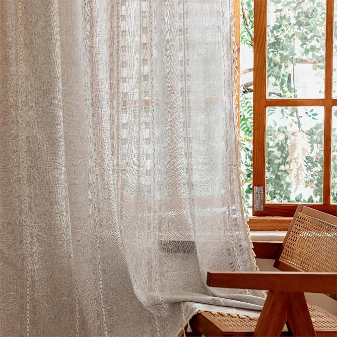 Light Gray Boho 96 inch curtains 2 panel set for Living Room Dining room floor to ceiling , Light Filtering Tassels Privacy Country Vintage Embroidery Bohemian Stripes Window Treatment Back Tab, 50"W