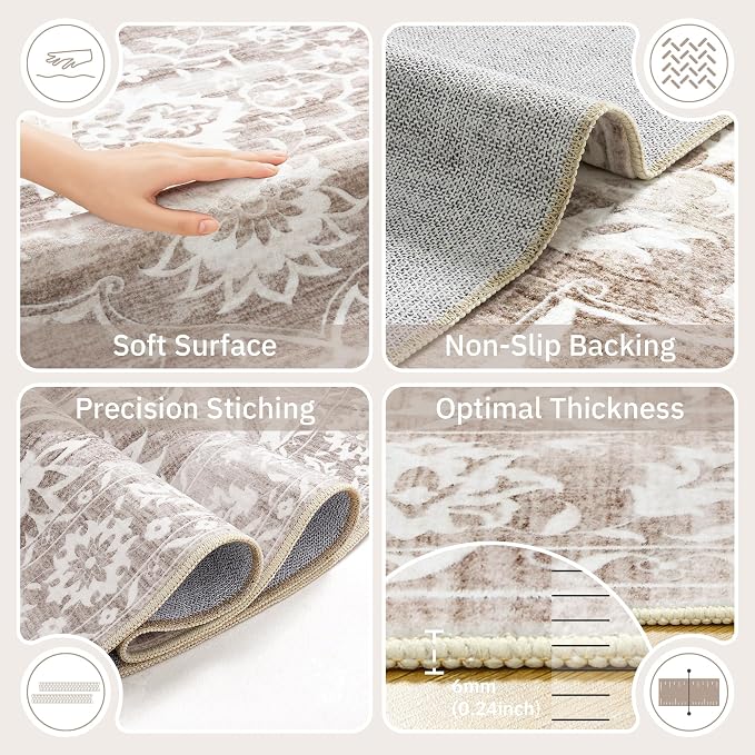 Soalmost Washable Round Rug 9ft for Living Room,Soft Circle Rug Light Brown | Vintage Floral Ultra-Thin Non-Slip 9x9 Round Throw Carpet for Nursery Bedroom Kitchen Dining Room 9'Round