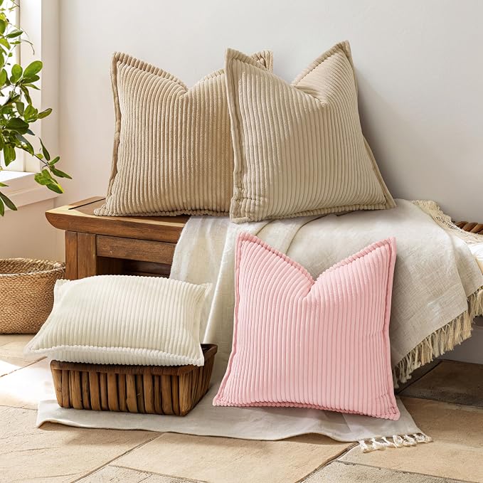 decorUhome Fall Corduroy Pink Throw Pillow Covers 12x20 Set of 2 | Lumbar Couch Decorative Soft Modern Boho Farmhouse Pillow Covers Broadside Striped Pillow Cases for Living Room Bed Sofa