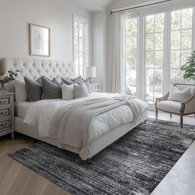 Black and White Rug for Room Abstract Modern Boho Soft Washable Rugs 5x7 | Aesthetic Neutral, Office Chair Mat for Low Pile Floor Carpet, for Dorm Living Room, Non Slip Rubber Backing, Floor Covering