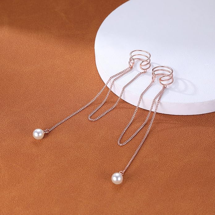 SLUYNZ 925 Sterling Silver No Piercing Cuff Earrings Chain for Women Wrap Earrings Pearl Tassel Clip On Ear