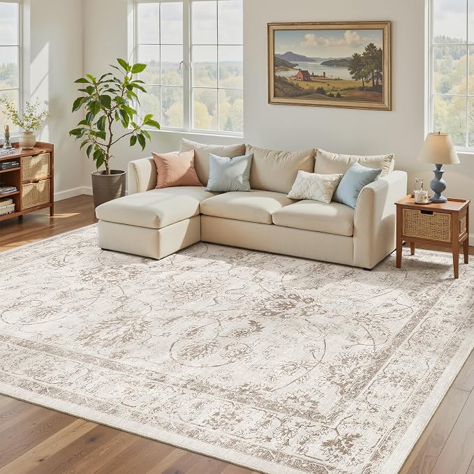 Madane Washable 7x9 Area Rugs for Living Room, Vintage Natural Rug with Non-Slip Backing, Soft Stain Resistant Throw Rugs Thin Carpet for Bedroom Dining Room Farmhouse (7 x 9, Brown/Ivory)