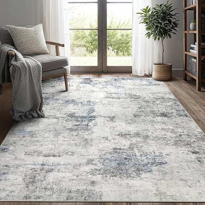 DMOYEST 5x8 Area Rug - Washable & Non Slip Indoor Rug for Living Room, Kid & Pet Friendly Abstract Low Pile Soft Carpet for Bedroom and Dining Room - Grey Blue