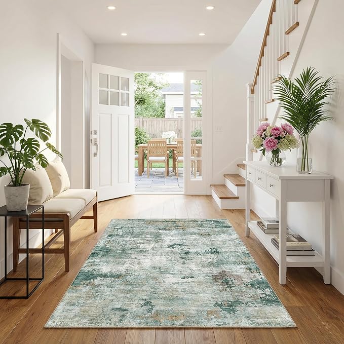 Modern Abstract Area Rug Distressed Faux Wool Stain-Resistant Carpet for Bedroom Boho Living Room Decor 0.26 Inch Low Pile Non Slip Floor Mat, 3'x5', Sage Green