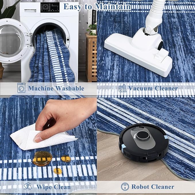 Garvee Scalloped Washable Runner Rugs for Hallway 2x6 Kitchen Runner Rug, Non Sip Bathroom Soft Rug Runner, Low Pile Modern Abstract Scalloped Indoor Carpet for Entryway Laundry Room Foyer, Navy Blue