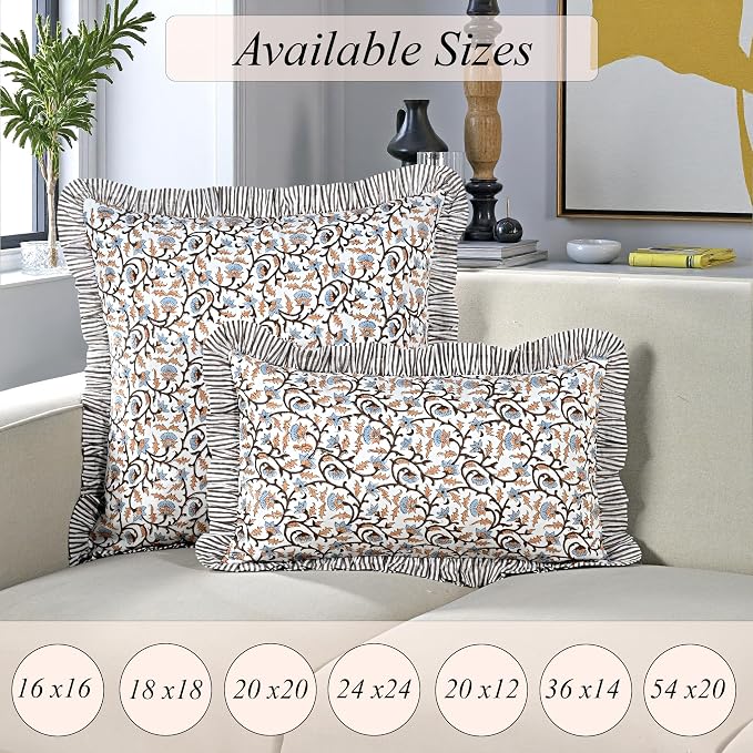Ridhi Brown Meadow Vine Block Print Ruffle Throw Pillow Cover 24" x 24" (Pack of 2) Decorative Cushion Covers with Ruffle for Couch, Sofa, Bed, Living Room, Home Decor Gift for Spring, Mother's Day