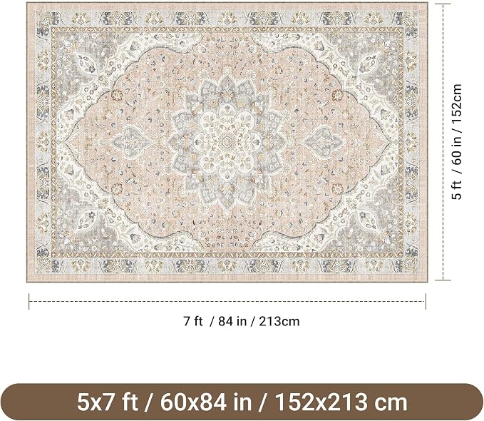 befbee 5x7 Area Rugs for Living Room,Stain Resistant Washable Rug,Non-Slip Backing Rugs for Bedroom,Kitchen,Printed Vintage Home Decor Rug (Peach/Gray, 5'x7')