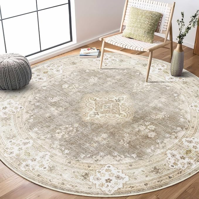 MUJOO Beige Round Rug 6ft,Circle Washable Area Rug Non Slip Low-Pile Floral | Large Circular Rugs for Bedroom Living Room Dining Room Boho Throw Carpet Soft Floor Indoor Vintage Bohemian Flowers