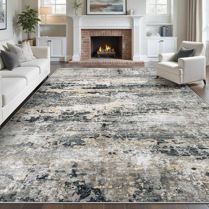 pmtsns Area Rugs 10x14 Living Room: Washable Rug Modern Abstract Neutral Soft Non-Slip Low-Pile Indoor Large Carpet for Bedroom Dining Room Playroom Home Office (Black Grey Brown, 10'x14')