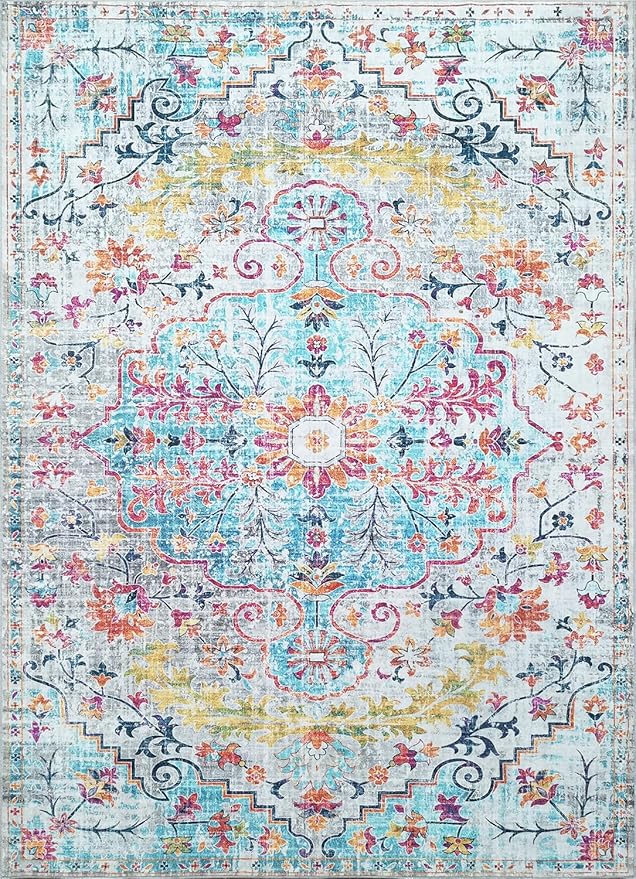 Mandala - Indoor Area Rugs 6x9 Washable, Stain Resistant Machine Washable Rugs for Living Room, Bedroom, and Modern House Décor - Durable Polyester Material, Colorful Patterned - Blue & Multi Color