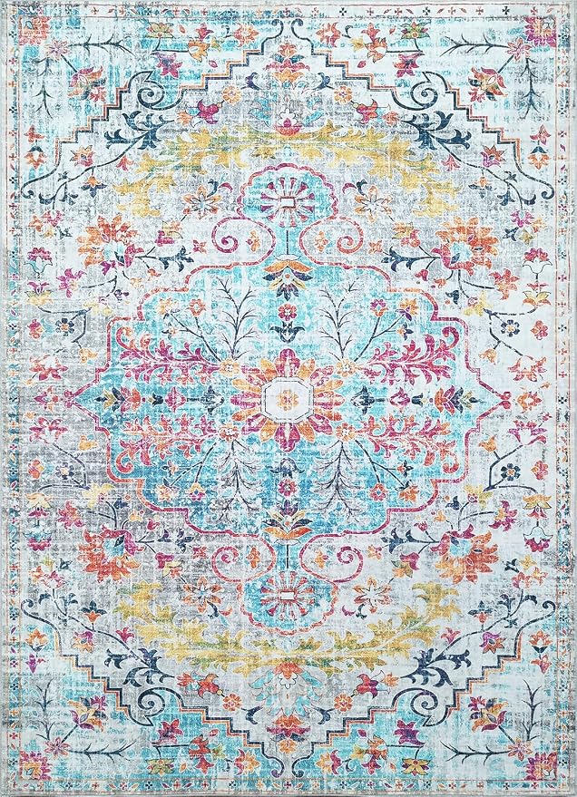 Mandala - Indoor Area Rugs 8x10 Washable, Stain Resistant Machine Washable Rugs for Living Room, Bedroom, and Modern House Décor - Durable Polyester Material, Colorful Patterned - Blue & Multi Color