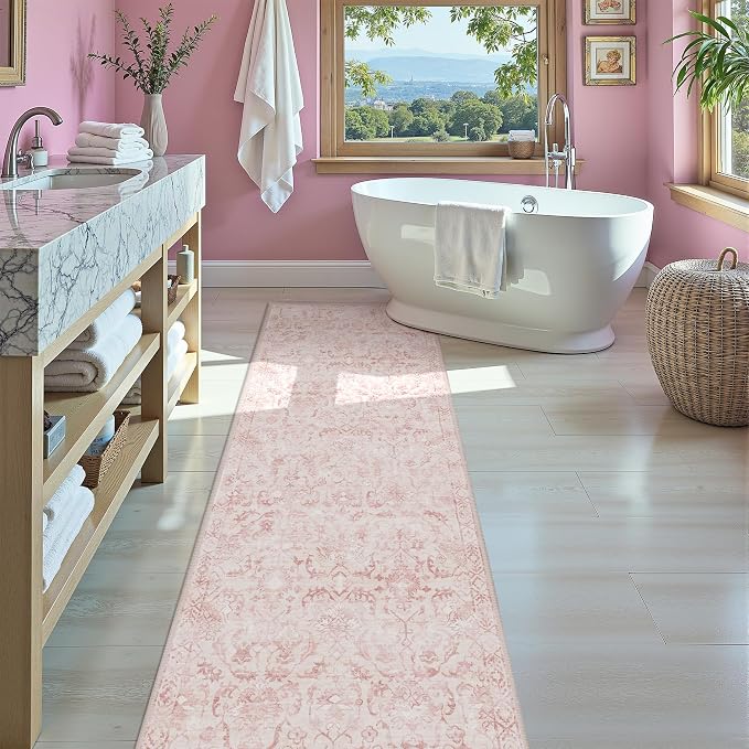 Pink 3x10 Runner Rug for Hallways Bed Side Kitchen, Boho Washable Distressed Low-Pile Floor Entryway Long Bathroom Mat, Non-Slip Laundry Room Washstand Front Carpet 36x84 Inch
