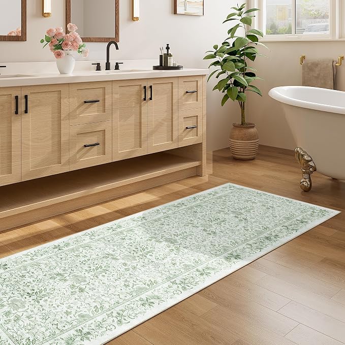 DUKINO 2.6x8 Runner Rug, Washable Vintage Floral Kitchen Rug, Sage Green | Non Slip, Low Pile, Non-Shedding, Stain Resistant, Soft Throw Carpet Runner for Hallway Bathroom Laundry Entryway Farmhouse
