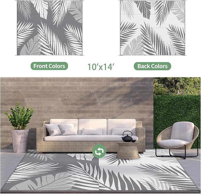 GENIMO Outdoor Rug, Waterproof Plastic Rugs 10'x14' for Camping Grey White | Outside Larger Leaf Carpet Mat for Porch Decor, Deck, Camping, RV, Backyard, Balcony, Picnic, Beach, Reversible, Foldable