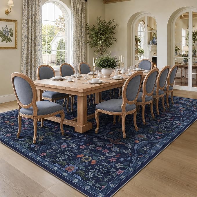 8x10 Washable Area Rug for Living Room, Large Blue Beige Floral Rugs, Soft Non-Slip Stain Resistant Boho Lightweight Carpet for Bedroom Dining Room Nursery Home Office