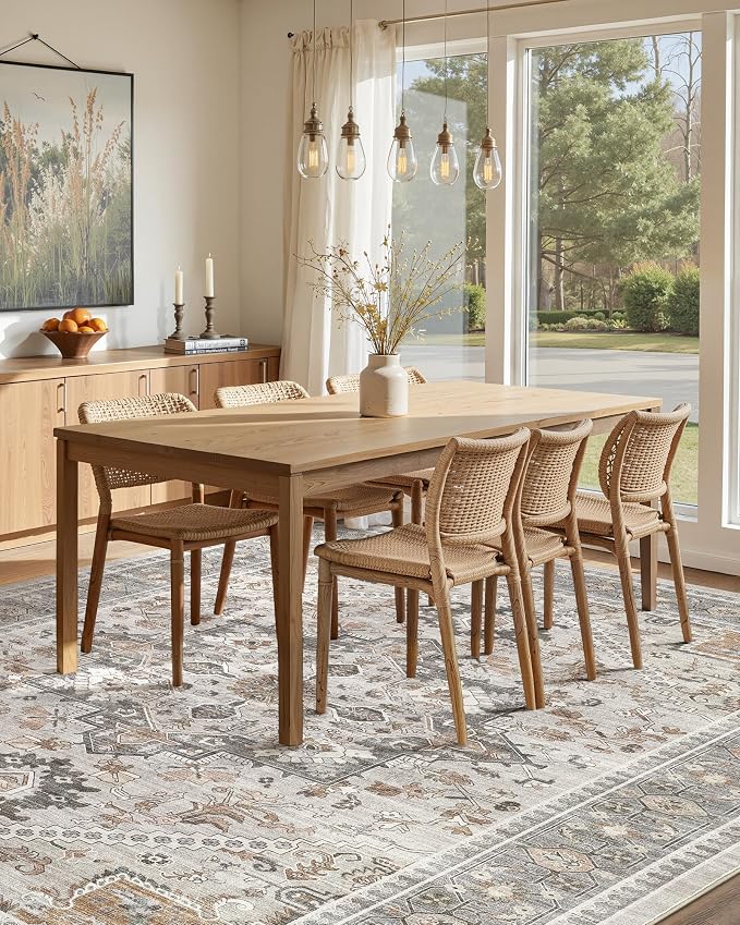 10x14 Vintage Area Rug: Washable Neutral Soft Non Slip Thin Large Floor Carpet for Living Room Bedroom Kitchen Dining Room Home Office Farmhouse Indoor - Taupe