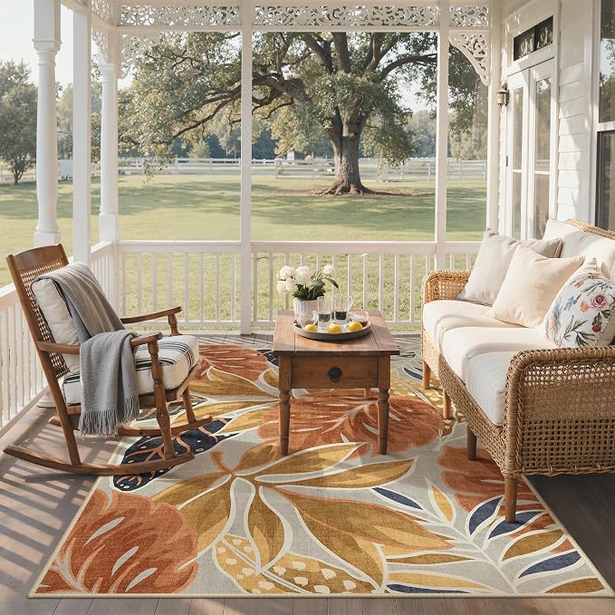 GENIMO 8x10 Outdoor Rug, Washable Quick Dry for Patio, Rust Ochre | Botanical leaf design for backyard; fade resistant chenille with quick-dry non-slip backing for indoor living rooms.