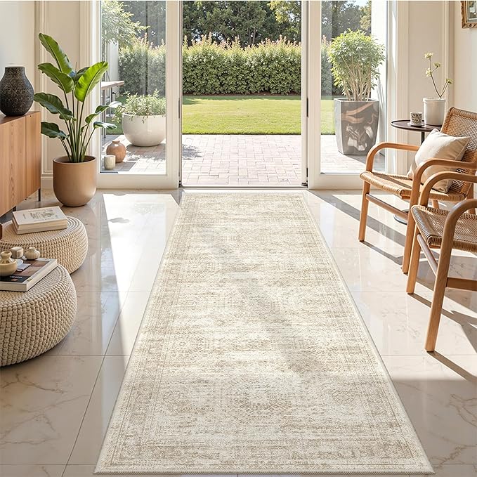 2'6 x 8' Runner Rug Non Slip,Washable Kitchen Rugs,Beige | Neutral Rugs for Kitchen,Entryway,Bedroom,Bathroom,Nursery Room,Thin,Soft Runner Rug,Stain Resistant Indoor Carpet