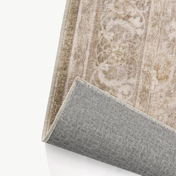 PureCozy Brown 5x7 Area Rug Washable Vintage Living Room Carpet Bedroom Indoor Non Slip Soft Low Pile Thin Stain Resistant Distressed Accent Throw Rug for Dining Office Nursery