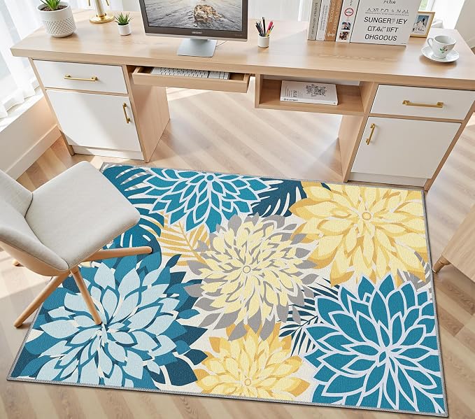 Colorful 3x5 Washable Rug for Living Room Tropical Botanical Modern Floral Chenille Area Rugs Low Pile Non Slip Carpet for Patio, Bedroom, Laundry, Ocean Dahlia
