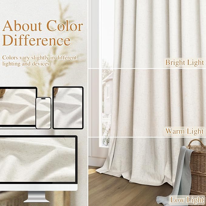 Guken Extra Wide 100% Blackout Linen Curtains for Bedroom 90 Inch Long Natural Cream Black Out Curtain Back Tab Room Darkening Window Drapes for Living Dining Room 1 Pane Beige Ivory 70x90