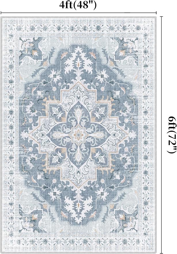 4x6 Area Rug, Soft Non-Slip Vintage Medallion Rug, Low-Pile Printed Indoor Washable Area Rugs for Living Room, Bedroom Bedside, Entryway, Kitchen -Blue/Gray | Low-Pile Printed Indoor Washable Area Rugs for Living Room, Bedroom Bedside, Entryway, Kitchen