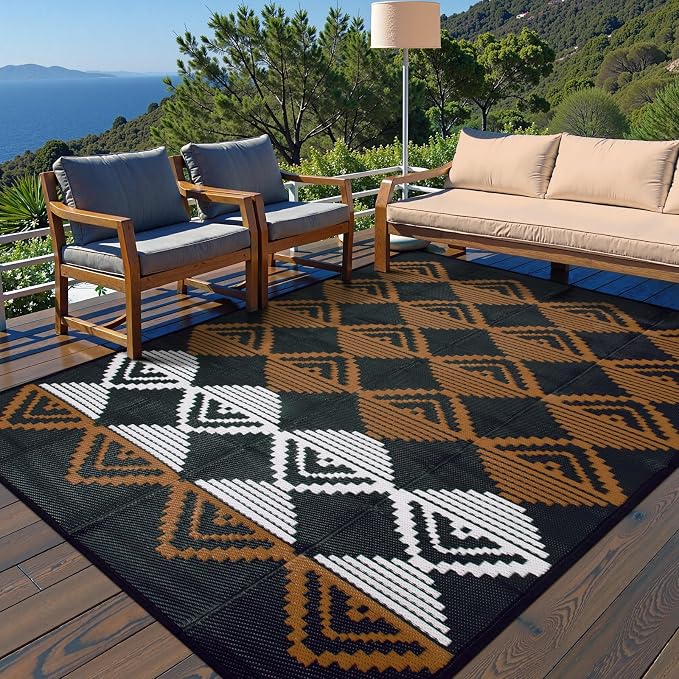 Beeiva Outdoor Rug 8x10 Waterproof for Patio, Reversible Outdoor Patio Rug for Deck, Backyard, RV Camping, Plastic Straw Rug Black Brown