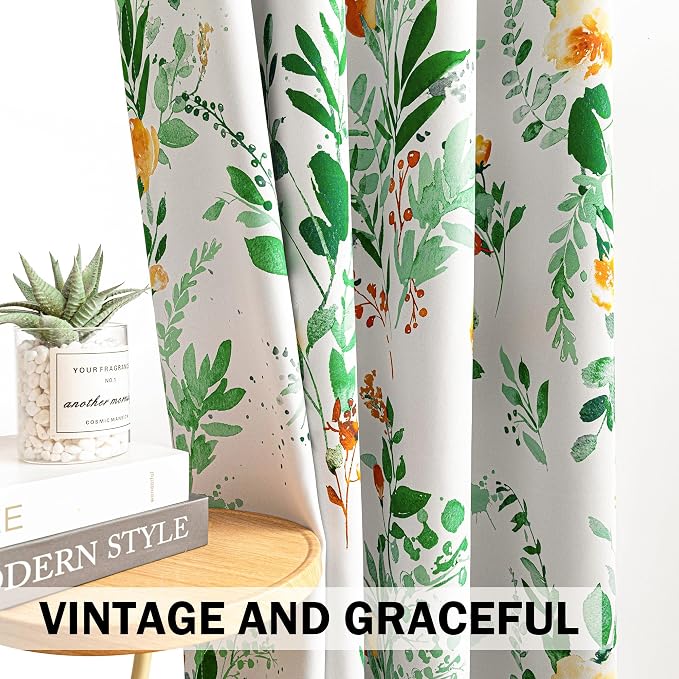 MYSKY HOME Floral Blackout Extra Long Curtains 102 inch Length 2 Panels for Living/Dining Room- Flower Patterned Room Darkening Light Blocking Grommet Window Drapes, 52" W Each Panel, Yellow and Green