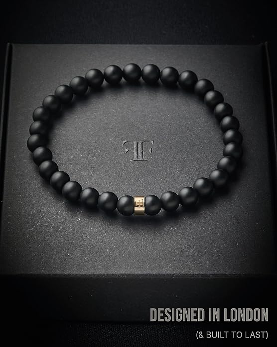 Forge & Foundry Men’s Matte Black Solid Onyx Beaded Bracelet | 10mm, 8mm, 6mm Bead Size Options | Signature Stainless Steel Engraved Bead | Andalus