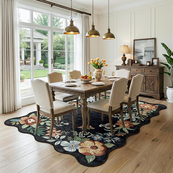 FMFUNCTEX 6x9 Washable Black Floral Vintage Flower Area Rug for Living Room | Colorful Traditional Boho Distressed Soft Non Slip Low Pile Large Indoor Thin Carpet Bedroom Dining Room Nursery, Black/Grey