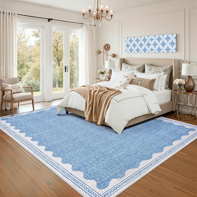 GarveeHome Scalloped Blue Washable Rugs 10x13 Rug for Living Room Non-Slip Solid Modern Minimalism Low-Pile Carpet 10 x 13 Rug for Bedroom Dining Nursery Rug