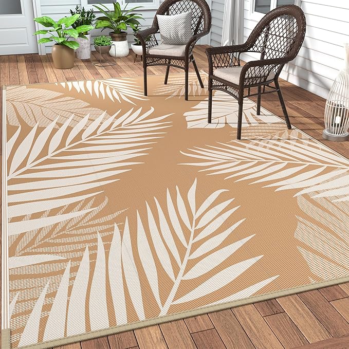 GENIMO Outdoor Rug, Waterproof Plastic Rugs for Patio, 8'x10' Brown Beige | Outside Larger Leaf Carpet Mat for Porch Decor, Deck, Balcony, Camping, RV, Backyard, Picnic, Beach, Reversible, Foldable