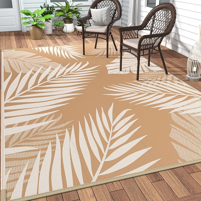 GENIMO Outdoor Rug, Waterproof Plastic Rugs for Patio, 9'x12' Brown Beige | Outside Larger Leaf Carpet Mat for Porch Decor, Deck, Balcony, Camping, RV, Backyard, Picnic, Beach, Reversible, Foldable