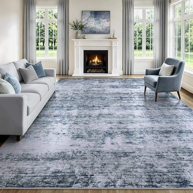 9x12 Area Rugs Living Room Rug Modern Abstract Neutral Washable Rugs Non Slip Soft Carpet Large Area Rug Low Pile Stain Resistant Non Shedding for Bedroom Nursery Dining Room Home Office Gray Blue