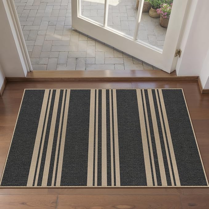 PureCozy Outdoor Rug 2x3 Washable Striped Jute Look Non Slip Mat | Black Farmhouse Design, Indoor Outdoor Entryway Door Mat for Kitchen, Mudroom and Bathroom, Non Shedding, Easy Care