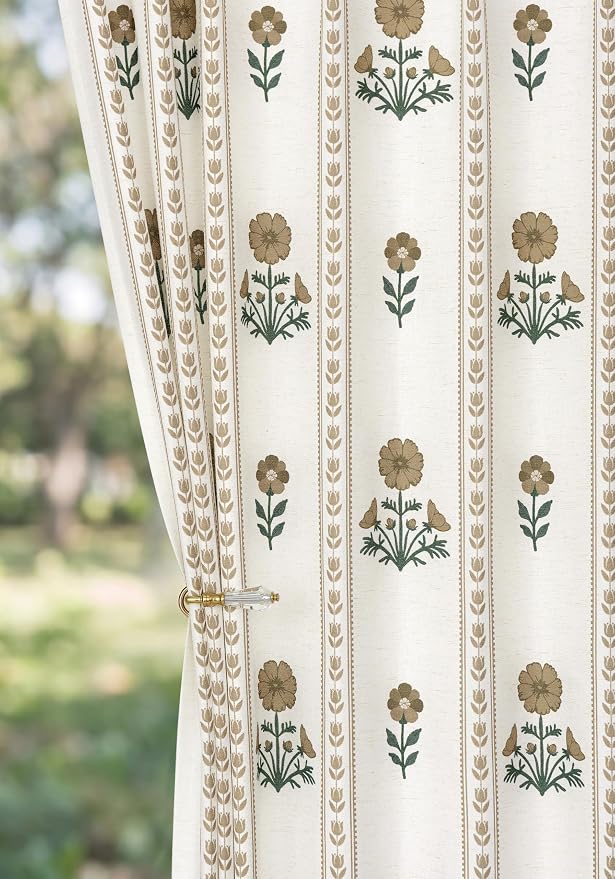 THREE GIRLS Pinch Pleated Light Filtering Linen Blend Floral Block Print Curtains for Bedroom, Dining Room, Living Room, Farmhouse, Memory Trained, Hooks, 2 Panels Set, 40"x90", Brown