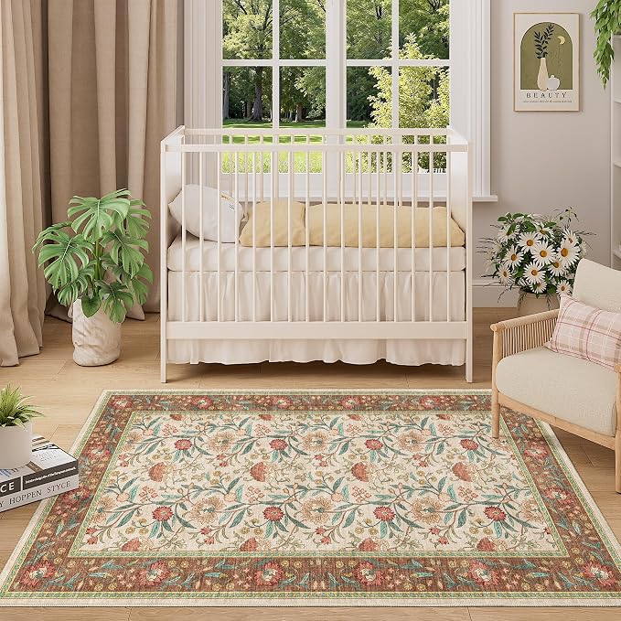 DUKINO 3x5 Rug, Washable Vintage Floral Bedroom Area Rug Non Slip, Brown | Low Pile, Non-Shedding, Stain Resistant Boho Lightweight Soft Indoor Carpet for Bathroom Office Dining Living Room Farmhouse