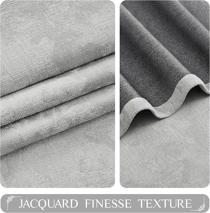 Beauoop Grey Floral Jacquard Blackout Curtains for Bedroom 52x63 2 Panels | Flower Chenille Room Darkening Drapes for Living Room 63 Inch Long Thermal Insulated Soundproof Window treatment Rod Pocket