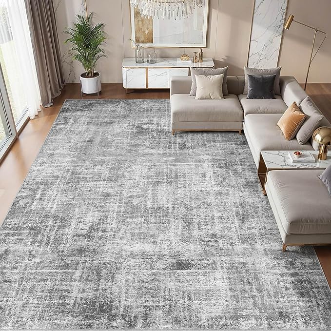 Washable 6x9 Area Rug for Living Room - Modern Abstract Carpet with Non-Slip Backing, Low Pile & Soft, Stain Resistant, Kid & Pet Friendly Decor for Bedroom & Dining Room - Black Grey