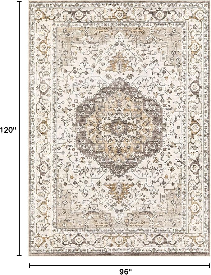 Area Rug for Living Room - 8x10 Soft Washable Oriental Vintage Floral Distressed Large Carpet - Fade Stain Resistant Non Slip Rugs for Bedroom Dining Room Nursery Dorm Office Home Decor-Camel/Beige